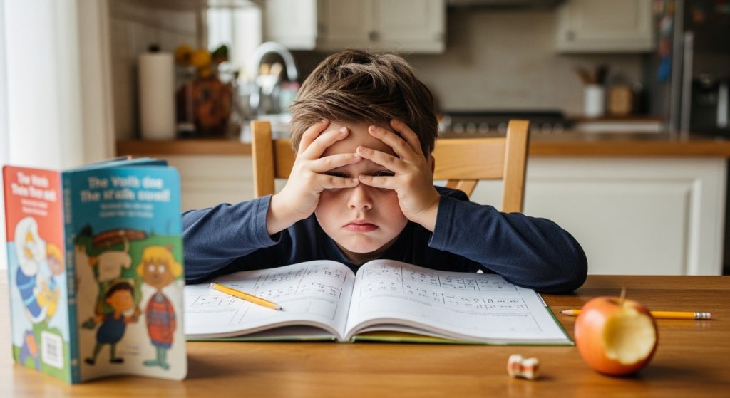 Reading practice at home - a parent and child sitting with an open book at the kitchen table