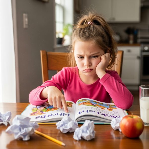 Learning breakdown - a parent watching a child pause over a worksheet at the kitchen table