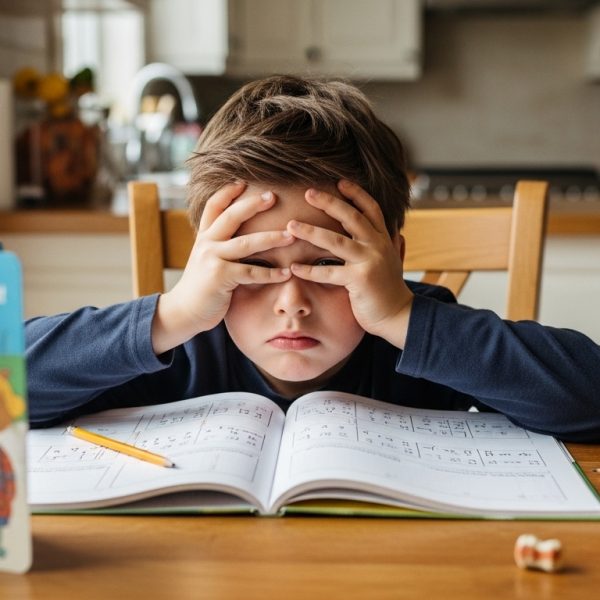 Reading practice at home - a parent and child sitting with an open book at the kitchen table