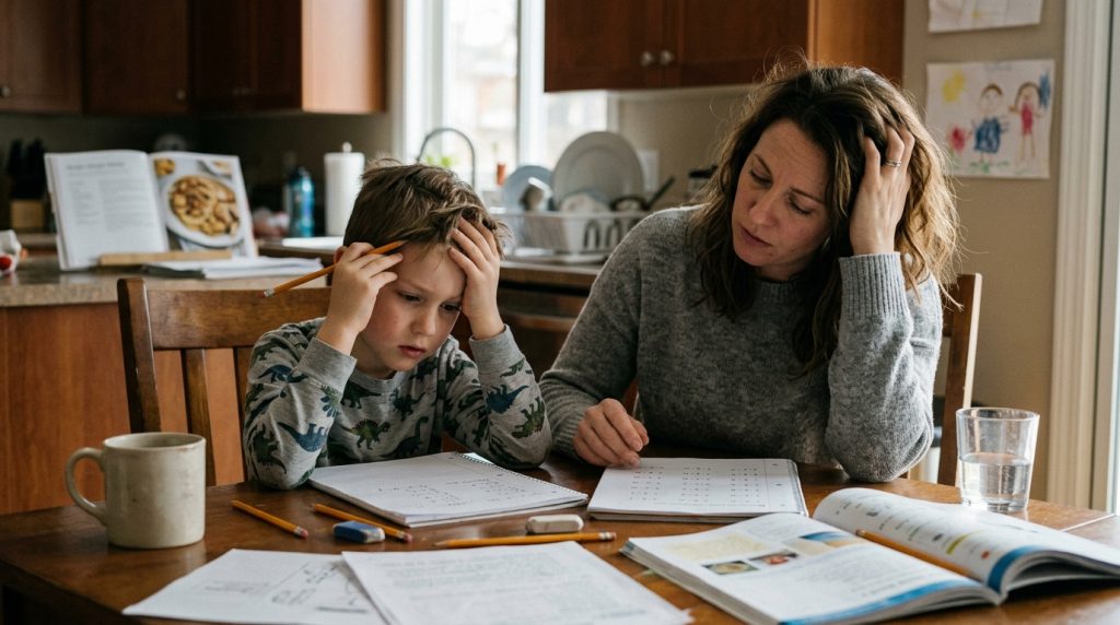 Child struggling in school with homework while a parent sits alongside to help