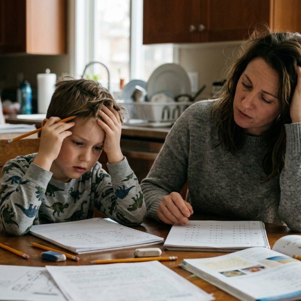 Child struggling in school with homework while a parent sits alongside to help
