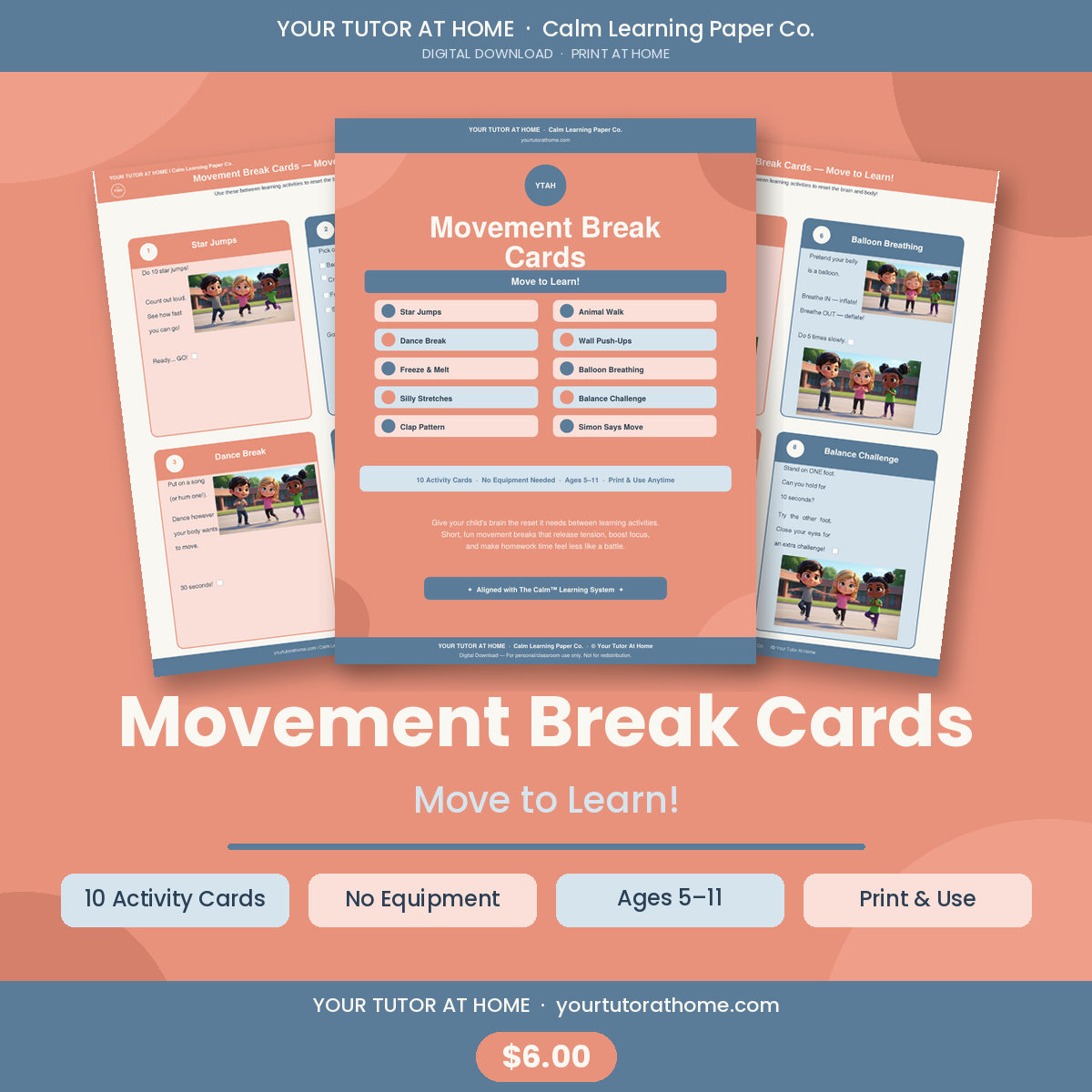 Movement break cards for kids — 10 printable no-equipment activity cards, ages 5–11