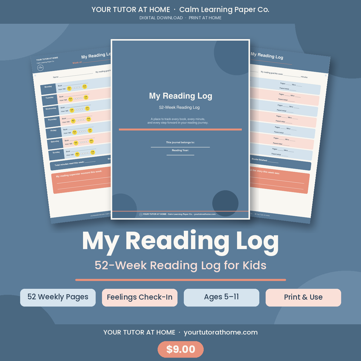 Printable reading log for kids — 52 weekly pages with daily feelings check-in, ages 5–11