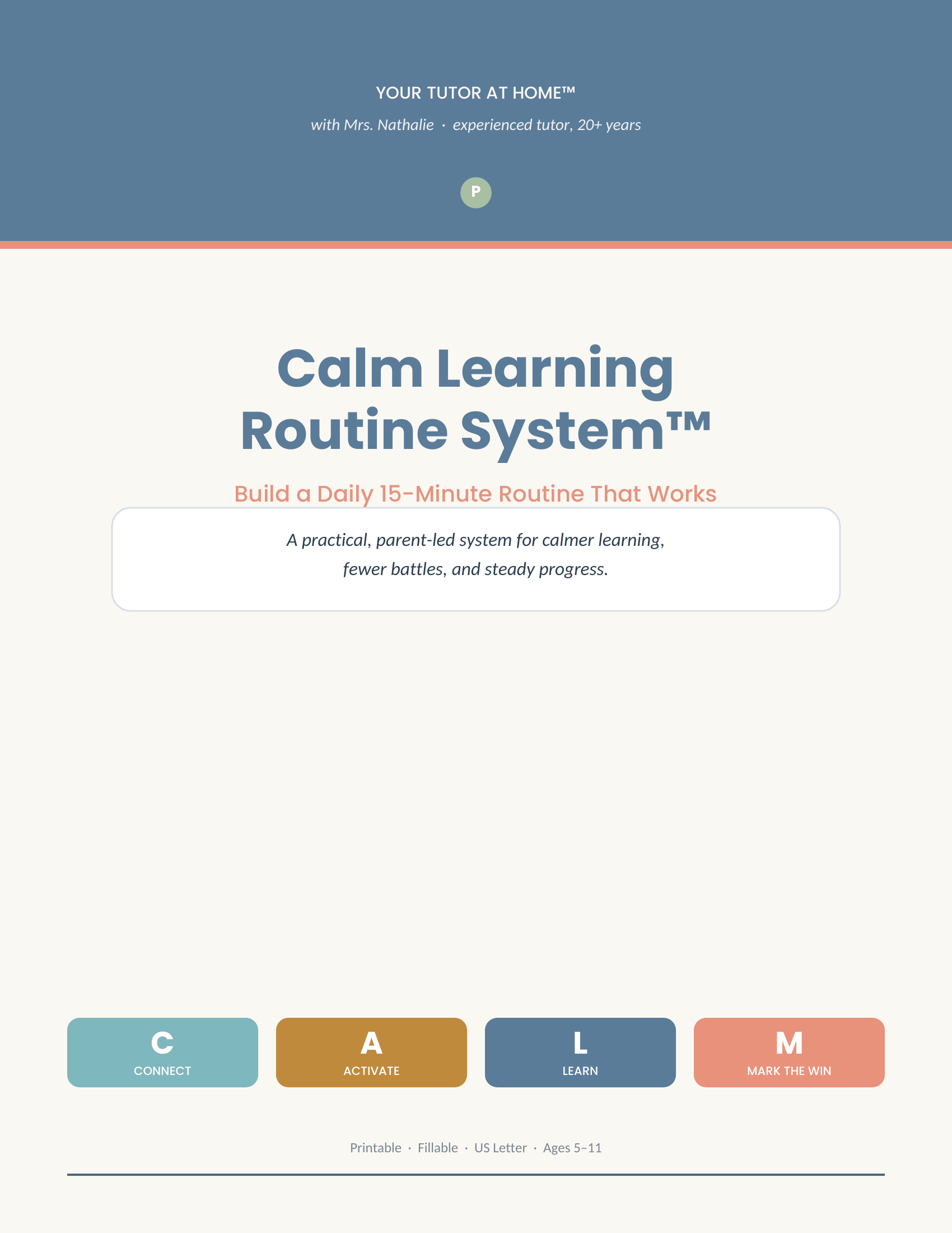 Calm Learning Routine System PDF cover with the CALM framework