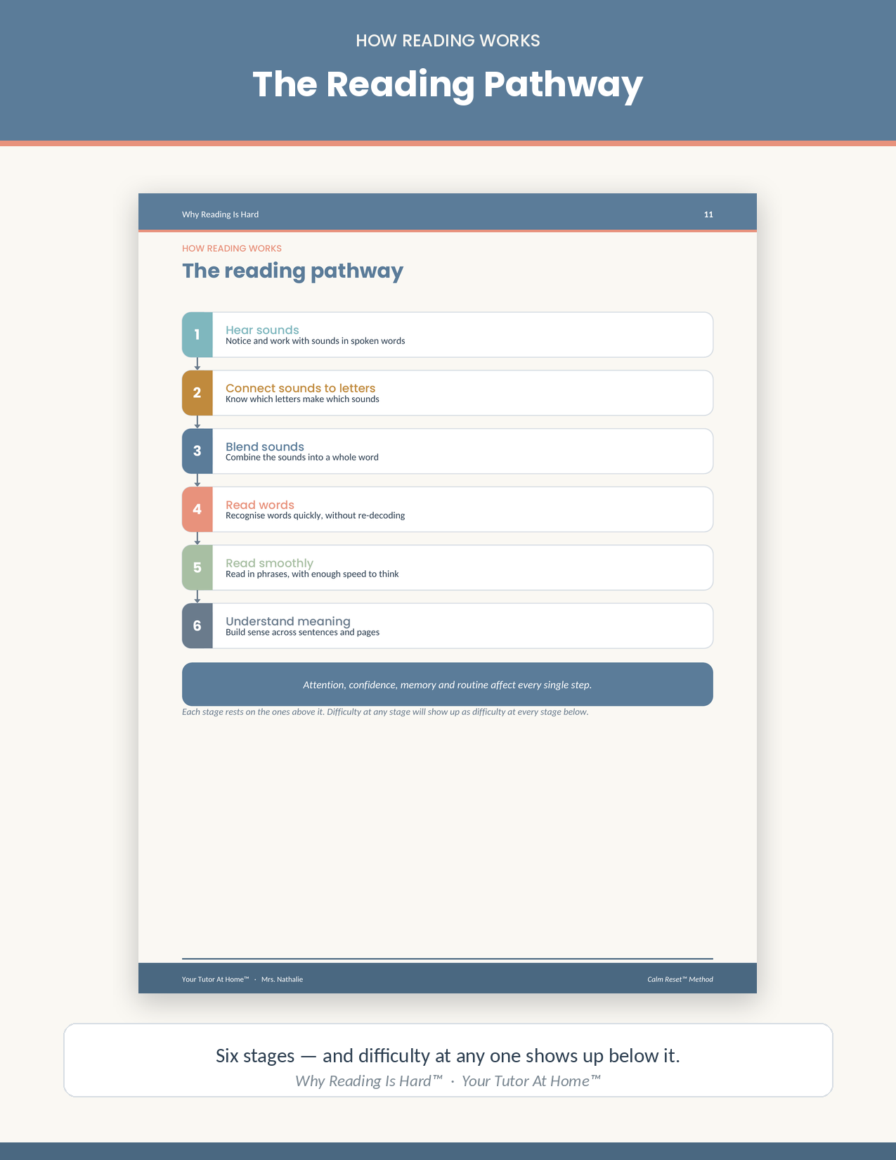 The reading pathway showing six stages of learning to read