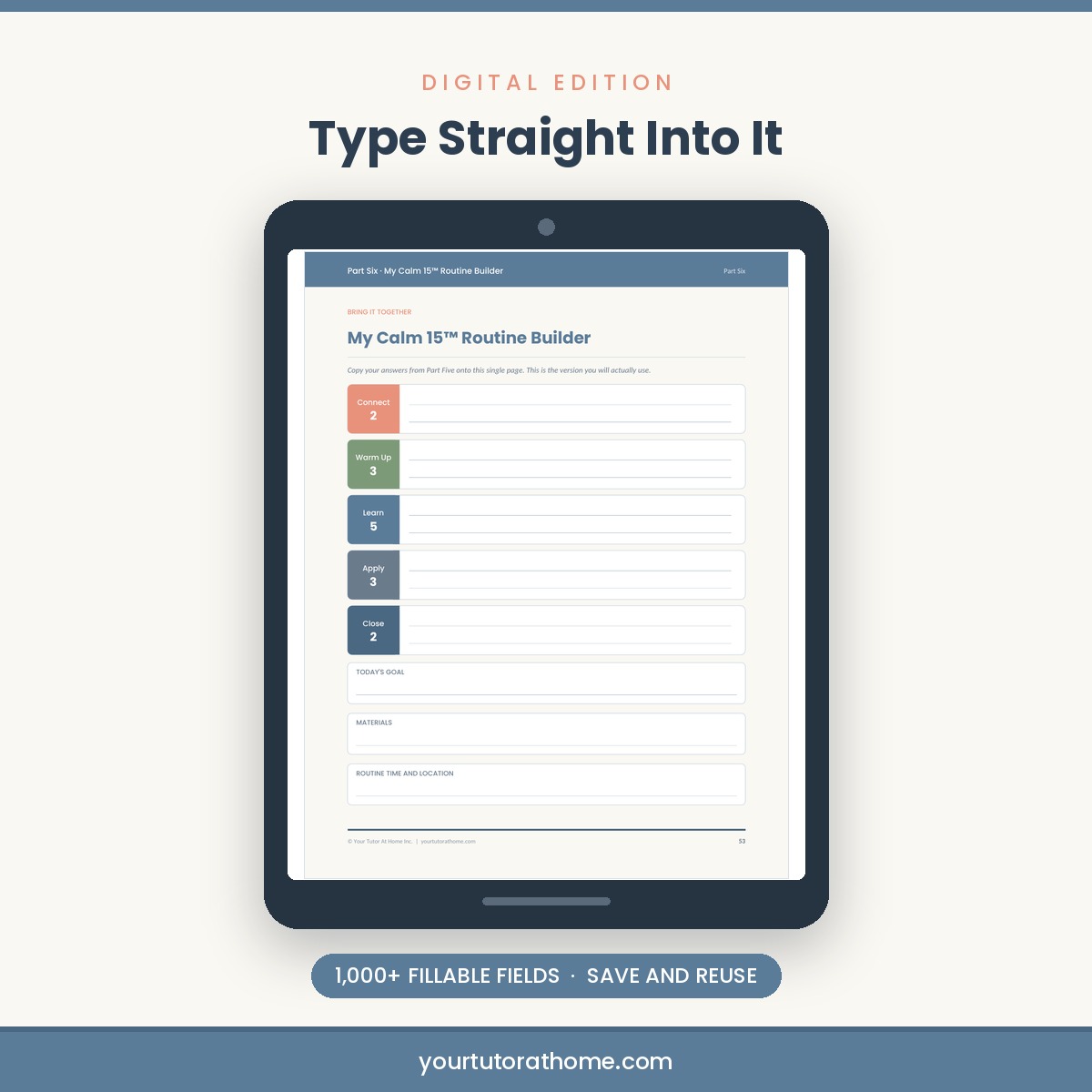 Fillable 15-minute learning routine workbook on a tablet
