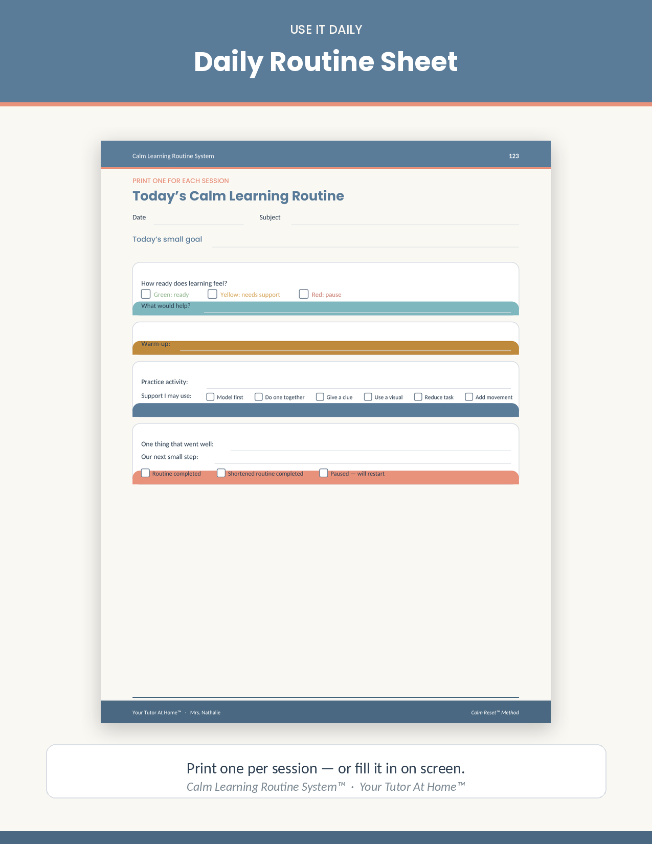 Printable daily learning routine sheet for reading writing math and homework