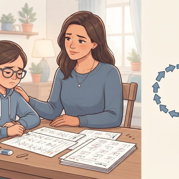 Struggling learner sitting with a parent over a worksheet during practice time