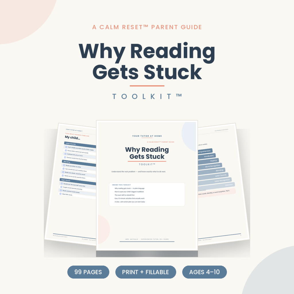 Why Reading Gets Stuck Toolkit cover, a 99-page calm guide for a child struggling to read Why Reading Gets Stuck Toolkit printable pages — learning support for kids at home Home learning programs for kids — Why Reading Gets Stuck Toolkit printable pages Printable learning resources for kids — workbooks, planners and guides Why Reading Gets Stuck Toolkit pages for parents of a child struggling with reading