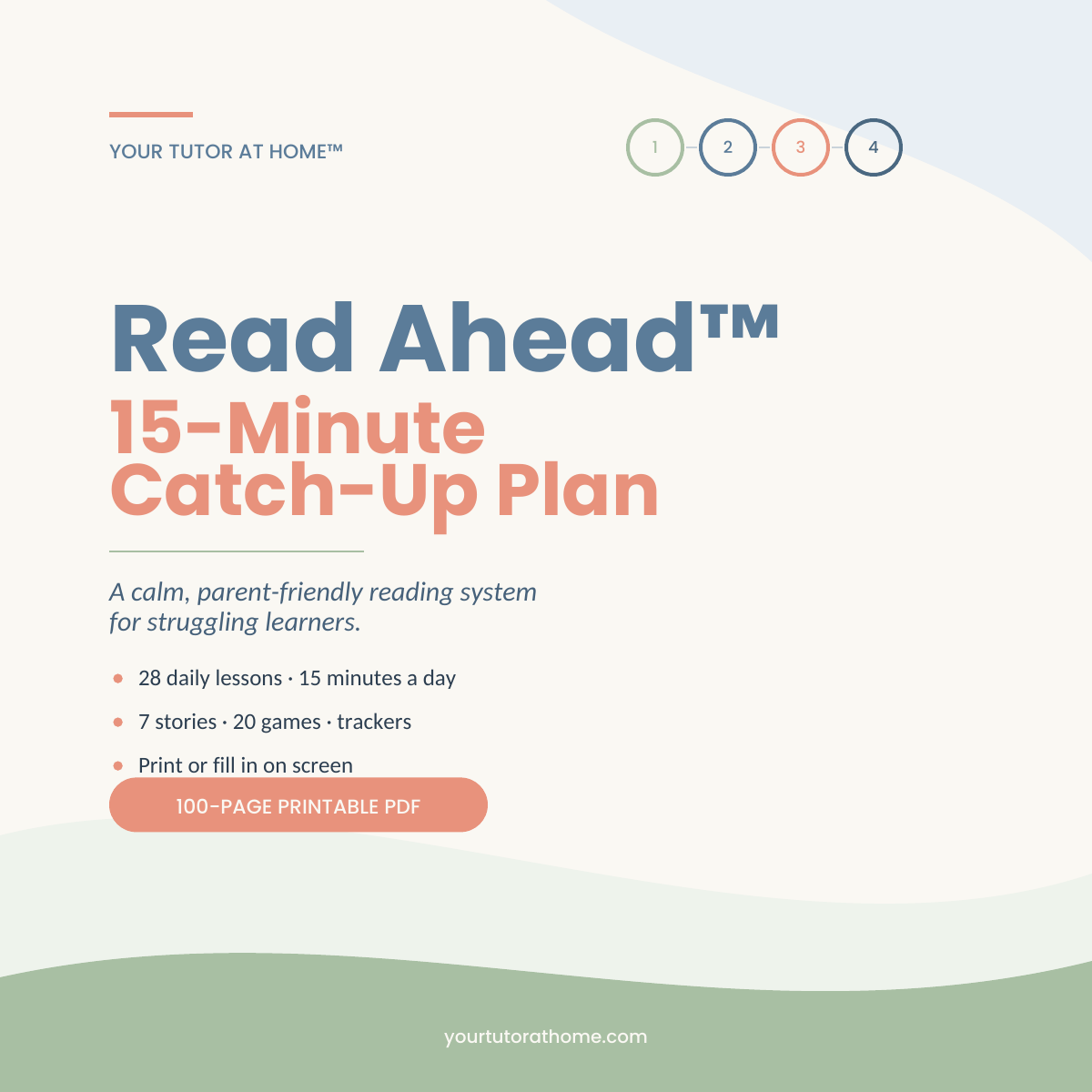 Reading catch-up plan for struggling readers - Read Ahead 15-minute daily lessons, print and fillable editions