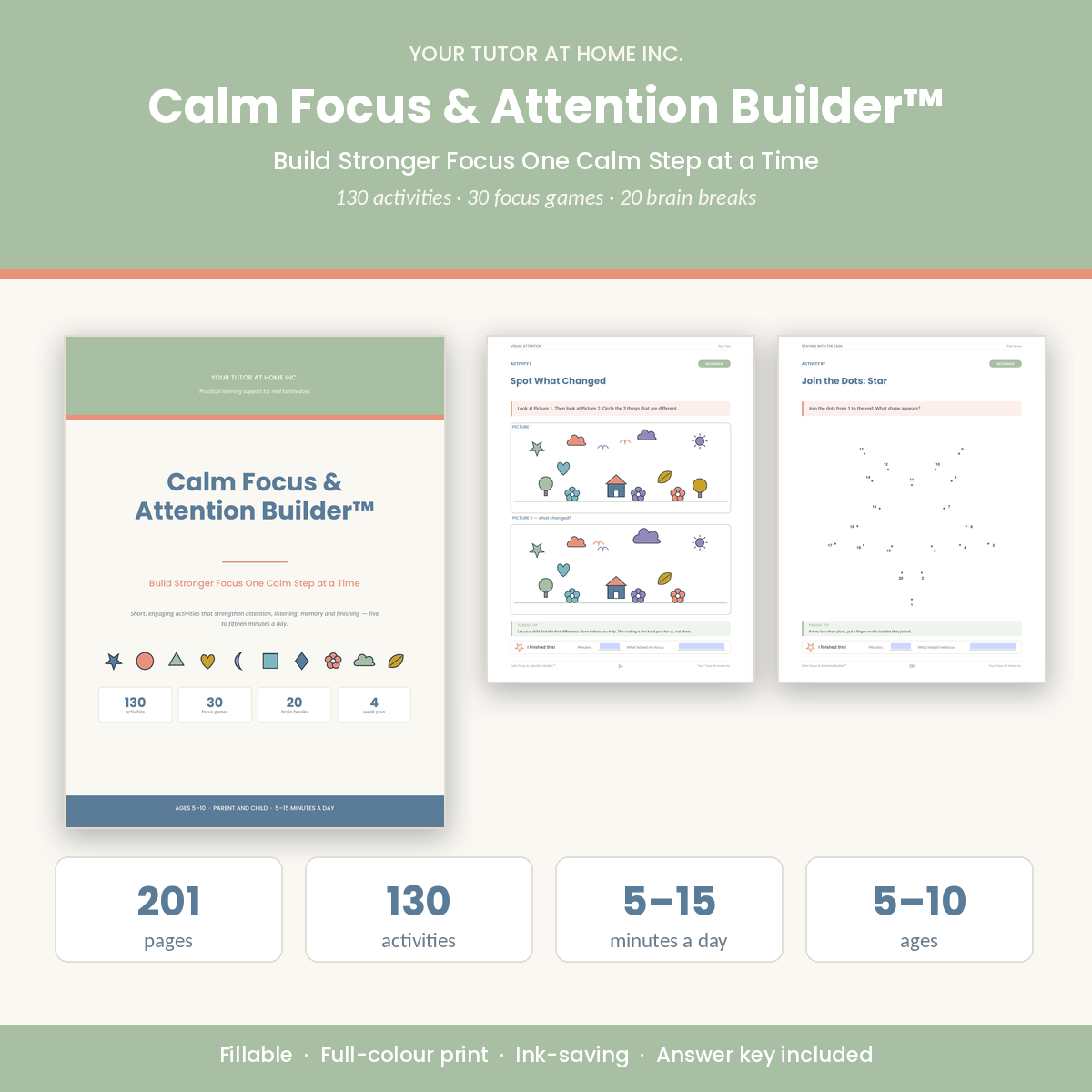 Calm Focus and Attention Builder cover — 201 pages of focus activities for kids aged 5 to 10 Focus and Attention Builder activities for a child with trouble focusing