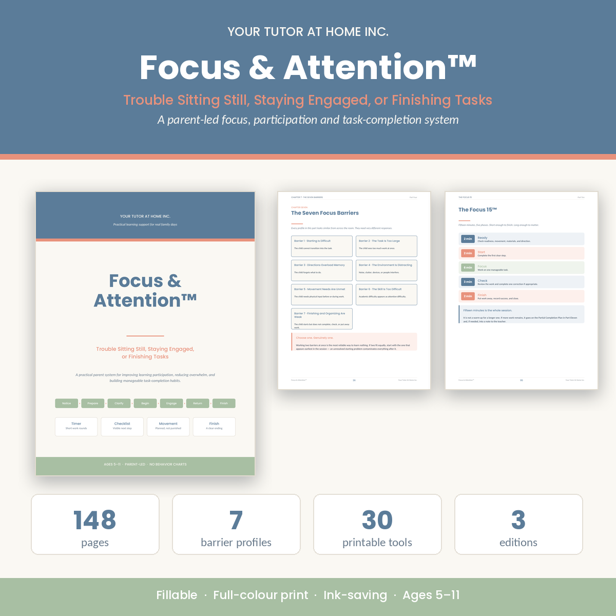 Focus and Attention workbook cover — 148-page parent system for children who cannot sit still or finish tasks