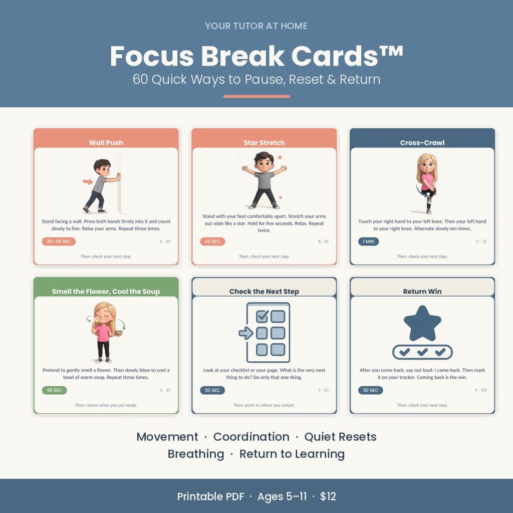 Brain break cards for kids — six printable Focus Break Cards showing movement, breathing and return-to-learning activities Focus break cards printable deck of 60 brain break activities for kids ages 5–11