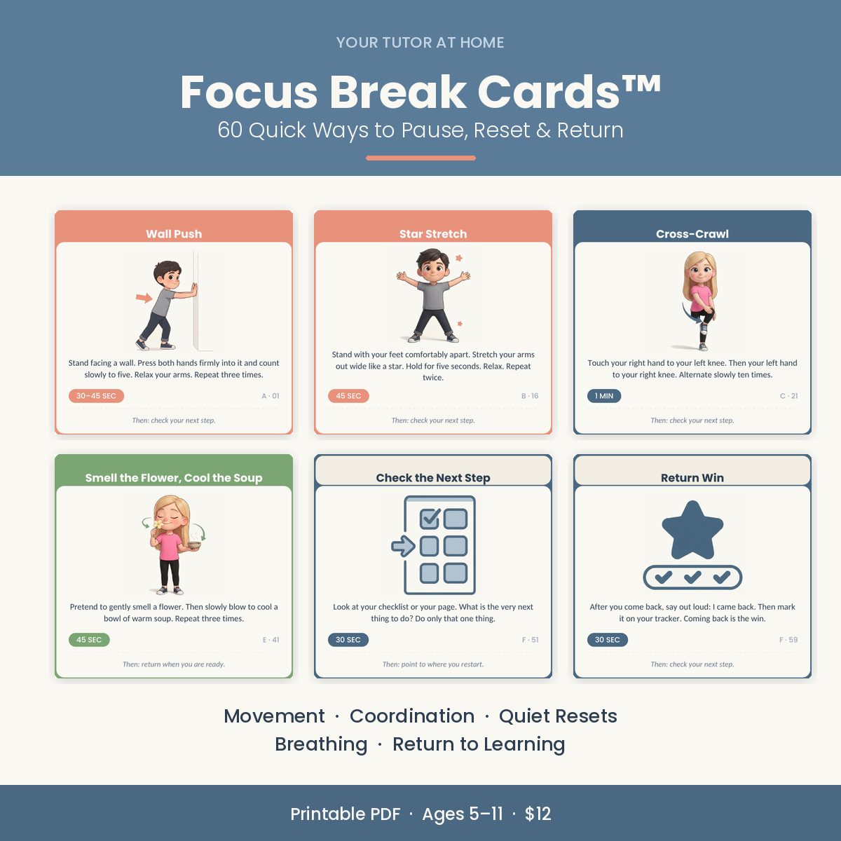 Brain break cards for kids — six printable Focus Break Cards showing movement, breathing and return-to-learning activities Focus break cards printable deck of 60 brain break activities for kids ages 5–11