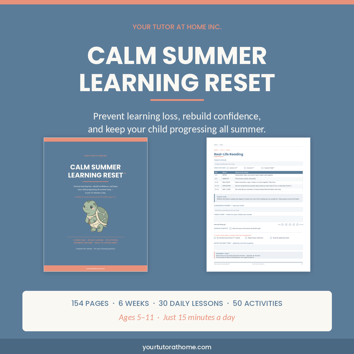 Calm Summer Learning Reset cover with Pace the Turtle beside a daily summer learning lesson page Summer Learning Reset pages and activities to stop the summer slide