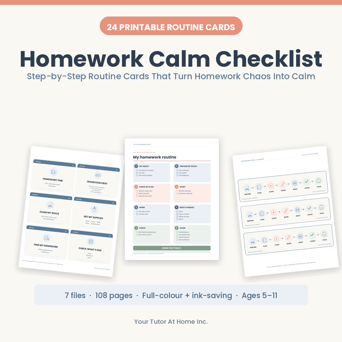 Printable homework checklist with 24 routine cards for kids