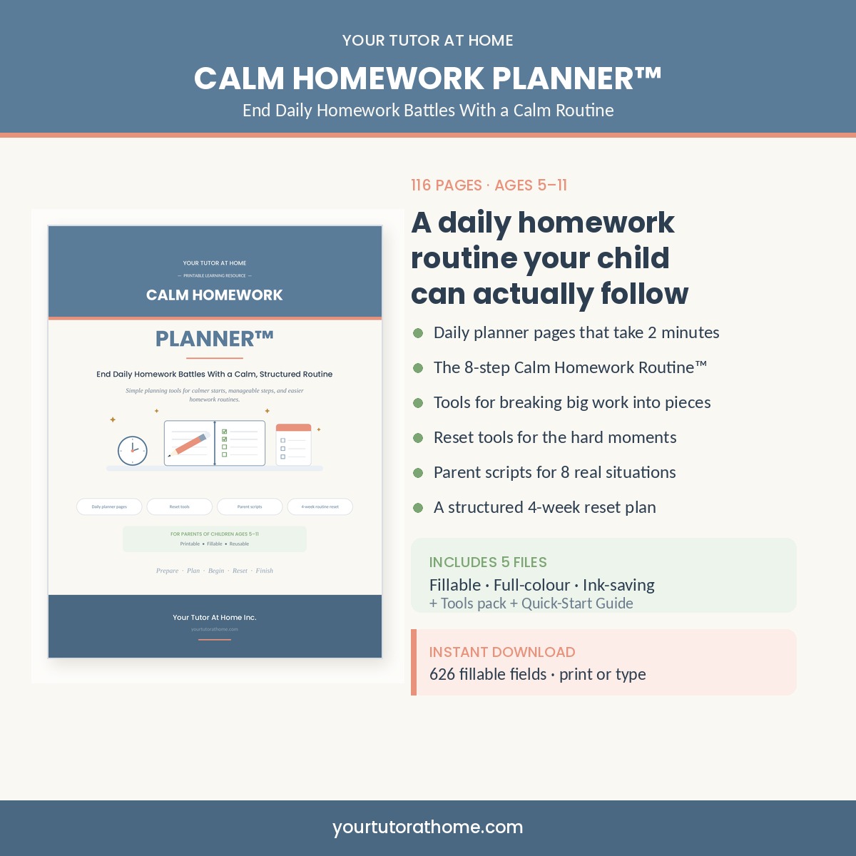 Calm Homework Planner homework planner cover with 116 pages for ages 5 to 11