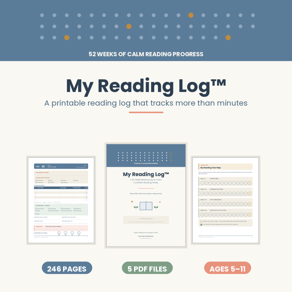 Printable reading log with 52 weekly pages for kids ages 5 to 11