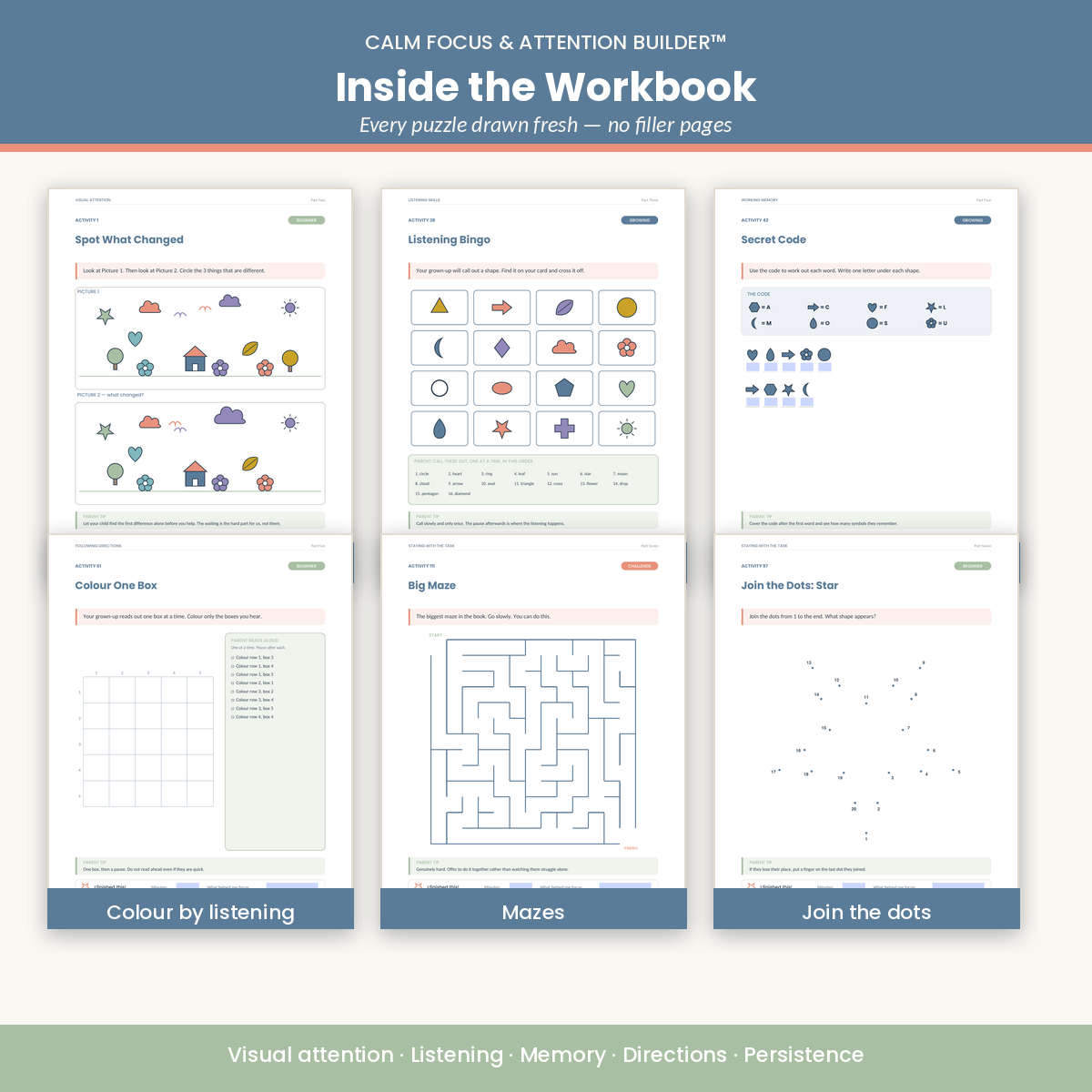 Inside the workbook — spot the difference, listening bingo, secret codes, mazes and join-the-dots focus activities