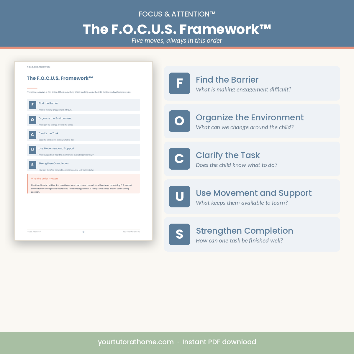 The F.O.C.U.S. Framework — find the barrier, organize, clarify, use movement, strengthen completion