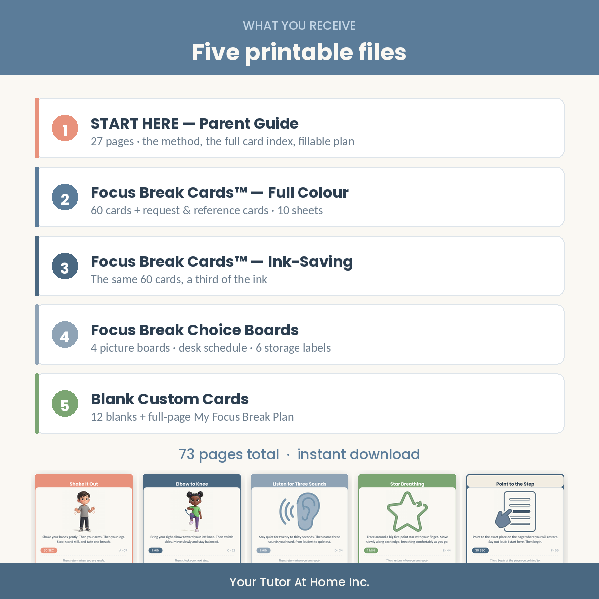 What is included in Focus Break Cards — five printable PDF files totalling 73 pages