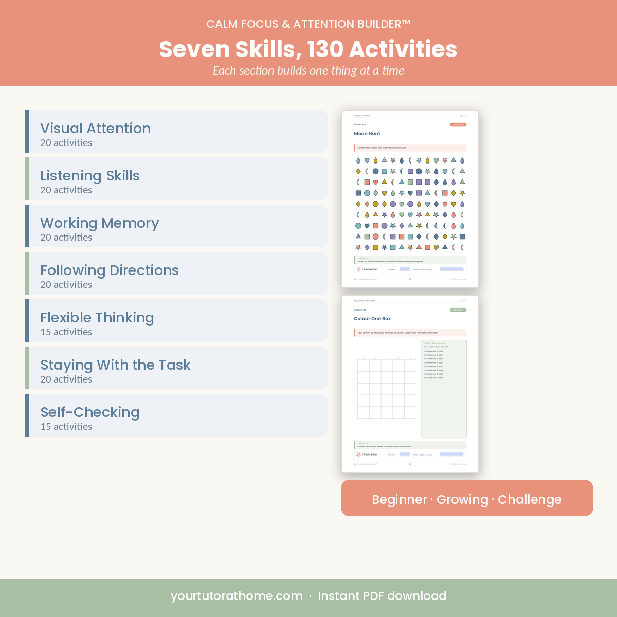 Seven skill sections and 130 focus activities at Beginner, Growing and Challenge levels