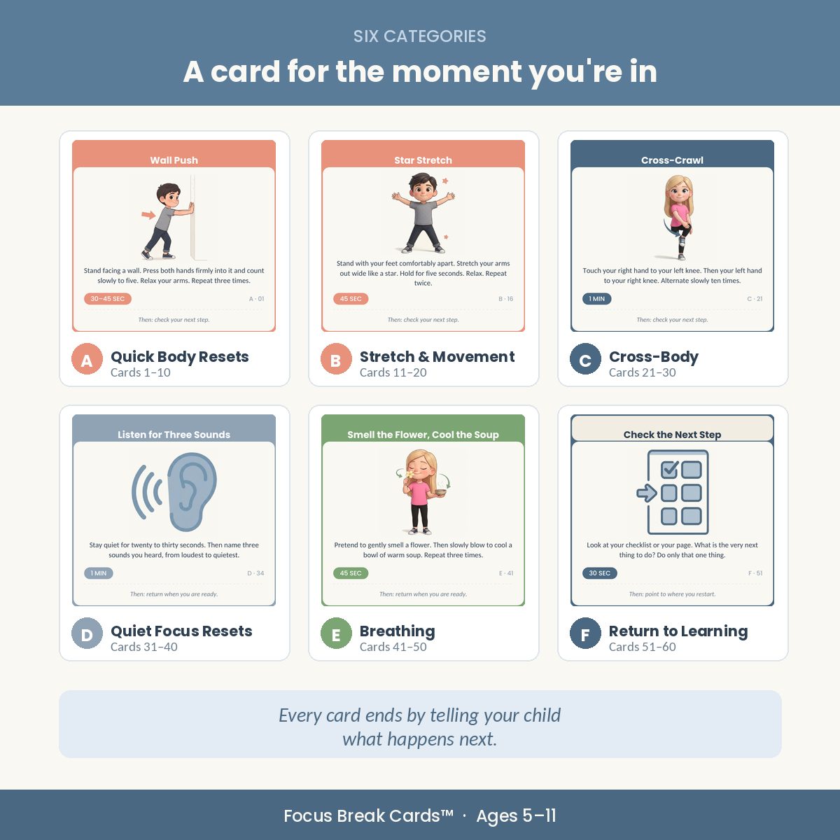 Six categories of brain break cards — body resets, movement, cross-body, quiet focus, breathing and return to learning