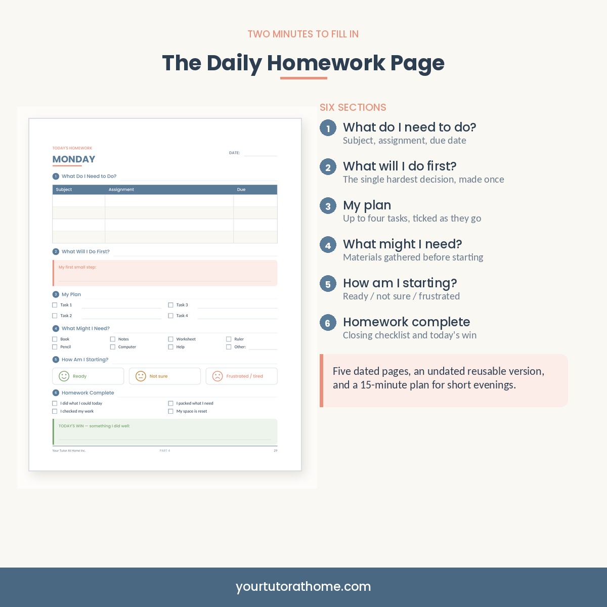 Daily homework planner page with six sections for children ages 5 to 11