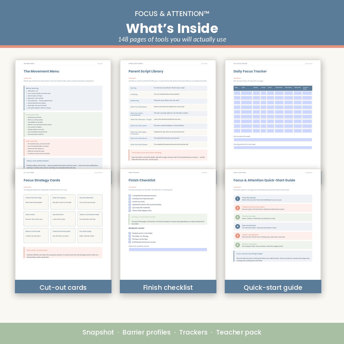 Inside the workbook — movement menu, parent scripts, trackers, cut-out cards and quick-start guide