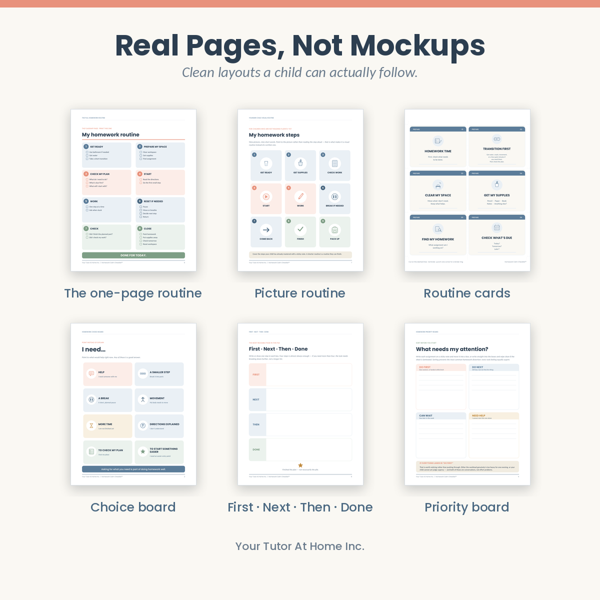Real pages from the printable homework checklist pack