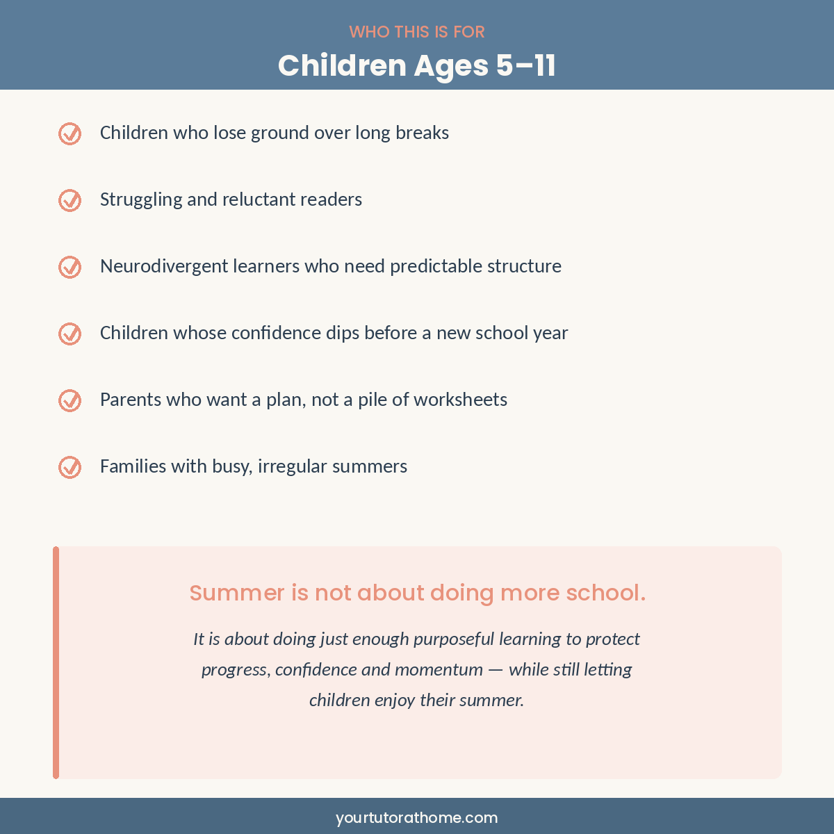 Who the Calm Summer Learning Reset is for: children ages 5 to 11 including struggling readers and neurodivergent learners