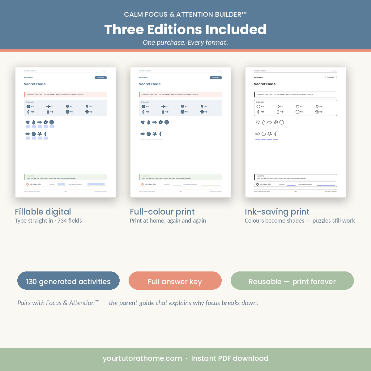 Three editions included — fillable digital, full-color print and ink-saving print