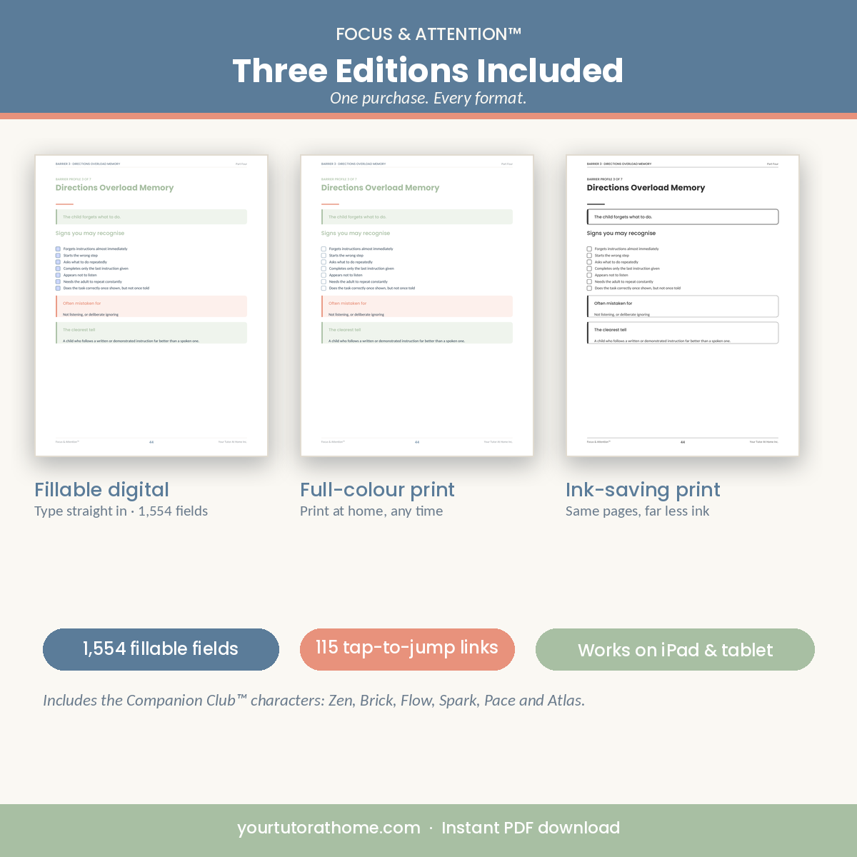 Three editions included — fillable digital, full-color print and ink-saving print