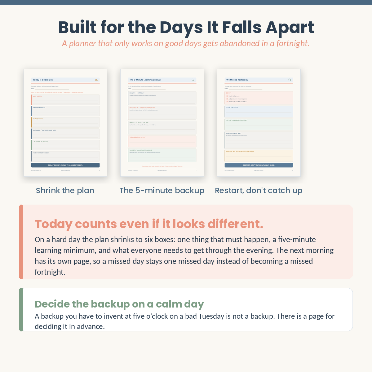Difficult-day and missed-day pages in the parent daily planner