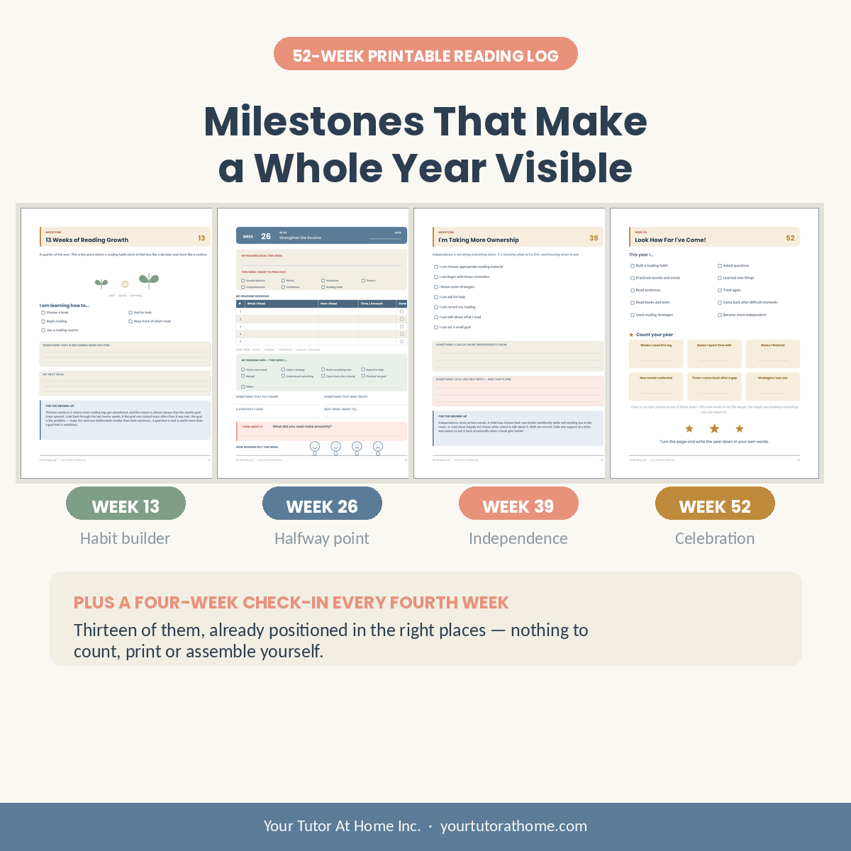 Printable reading log milestone reviews at weeks 13, 26, 39 and 52