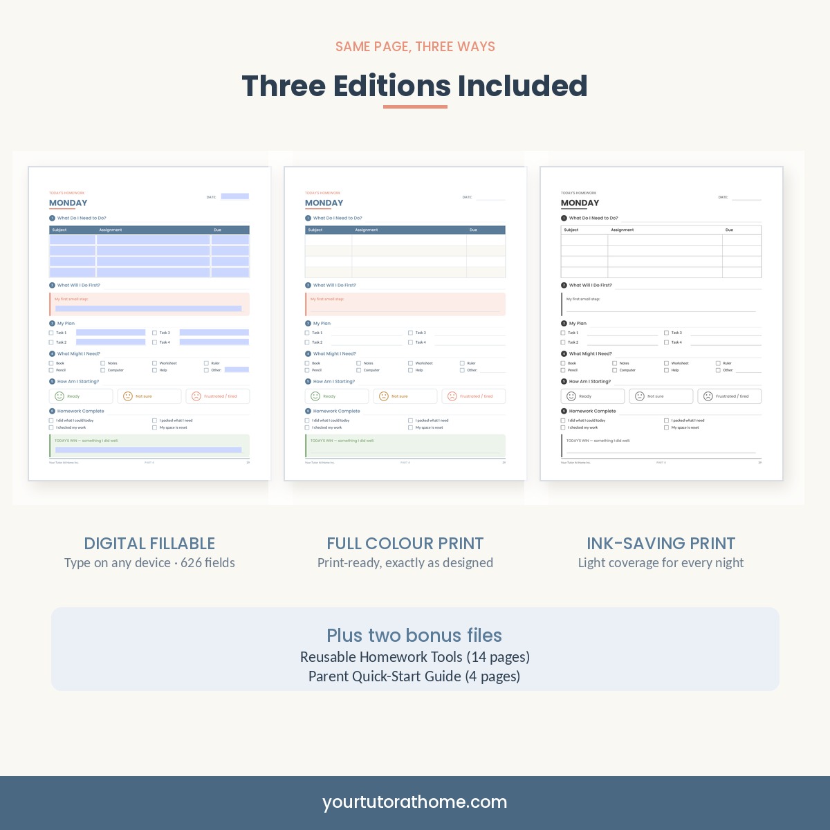 Three editions of the homework planner: digital fillable, full colour and ink saving