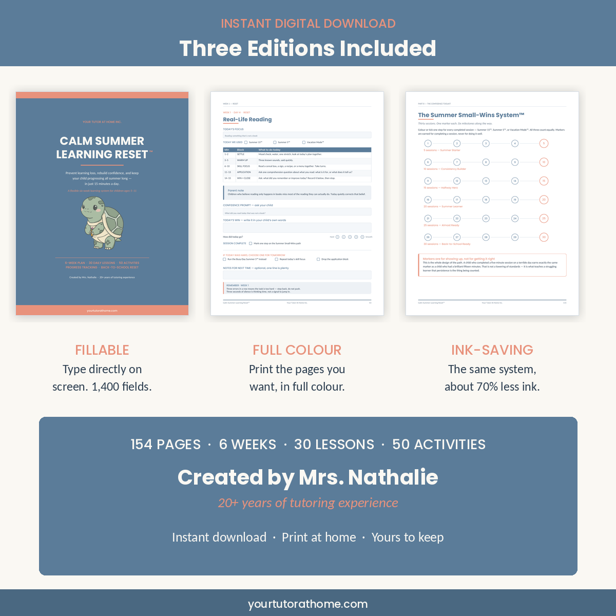 Three editions included with the Calm Summer Learning Reset: fillable, full colour, and ink-saving