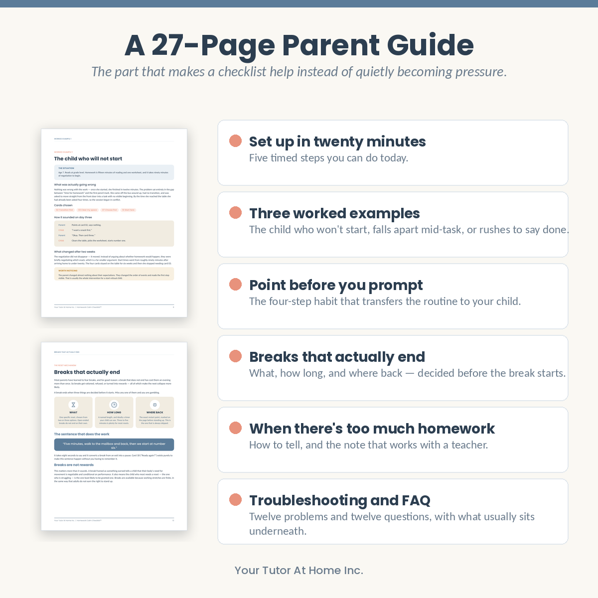 Parent guide included with the printable homework checklist