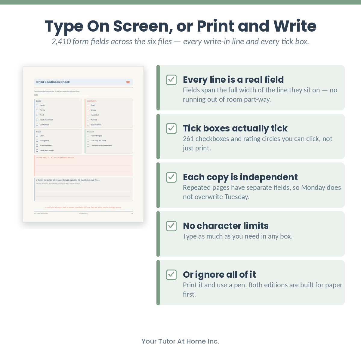Fillable parent daily planner with typeable fields and tick boxes
