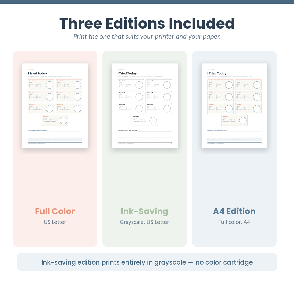 Printable reward charts in full color, ink-saving and A4 editions