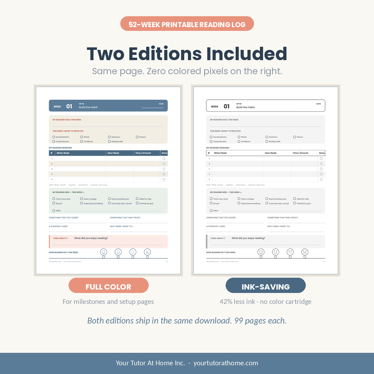 Printable reading log in full color and ink saving editions