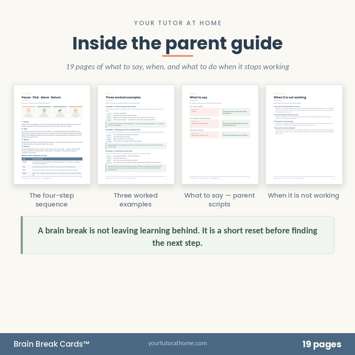 Sample pages from the nineteen-page Brain Break Cards parent guide