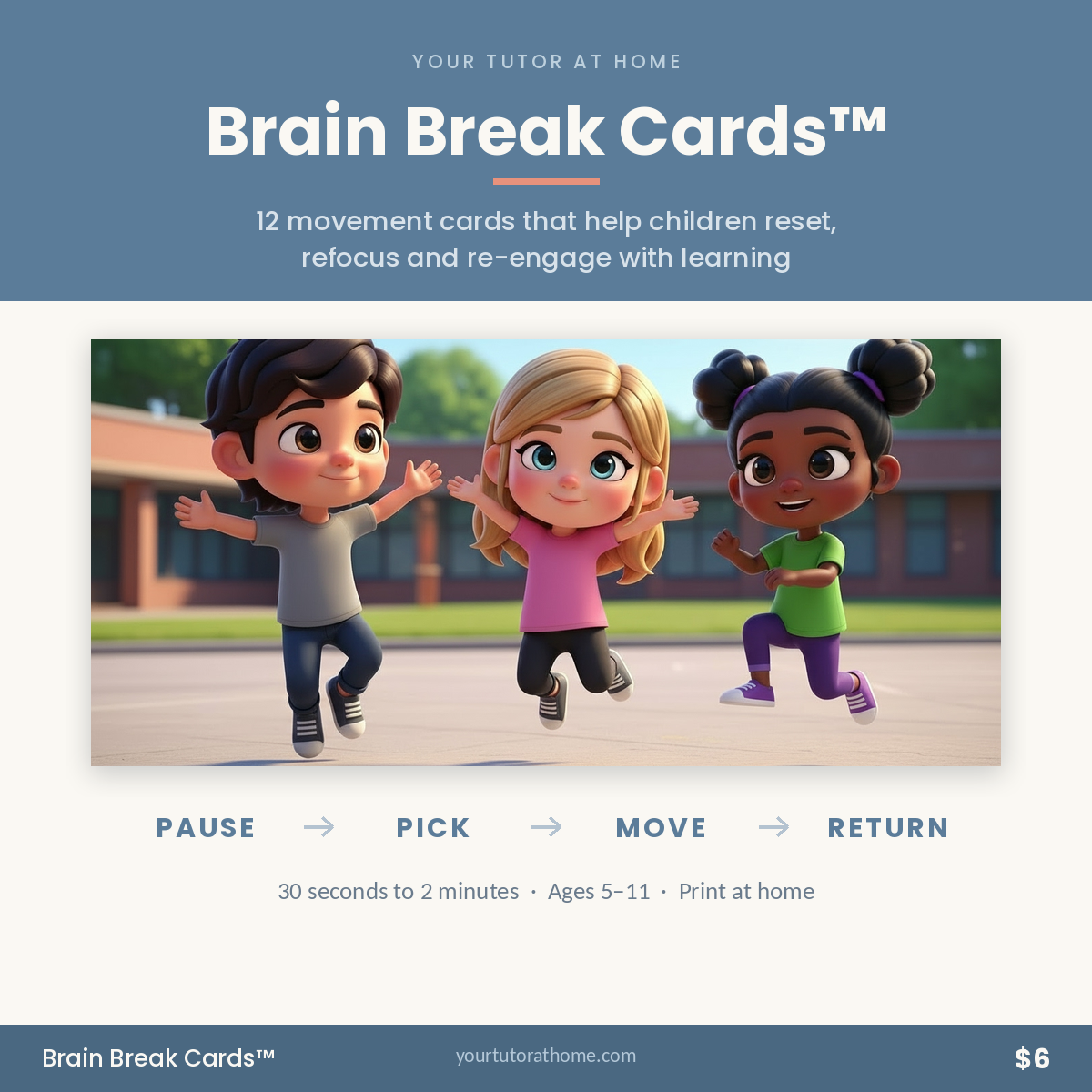 Brain Break Cards printable movement deck for children aged 5 to 11