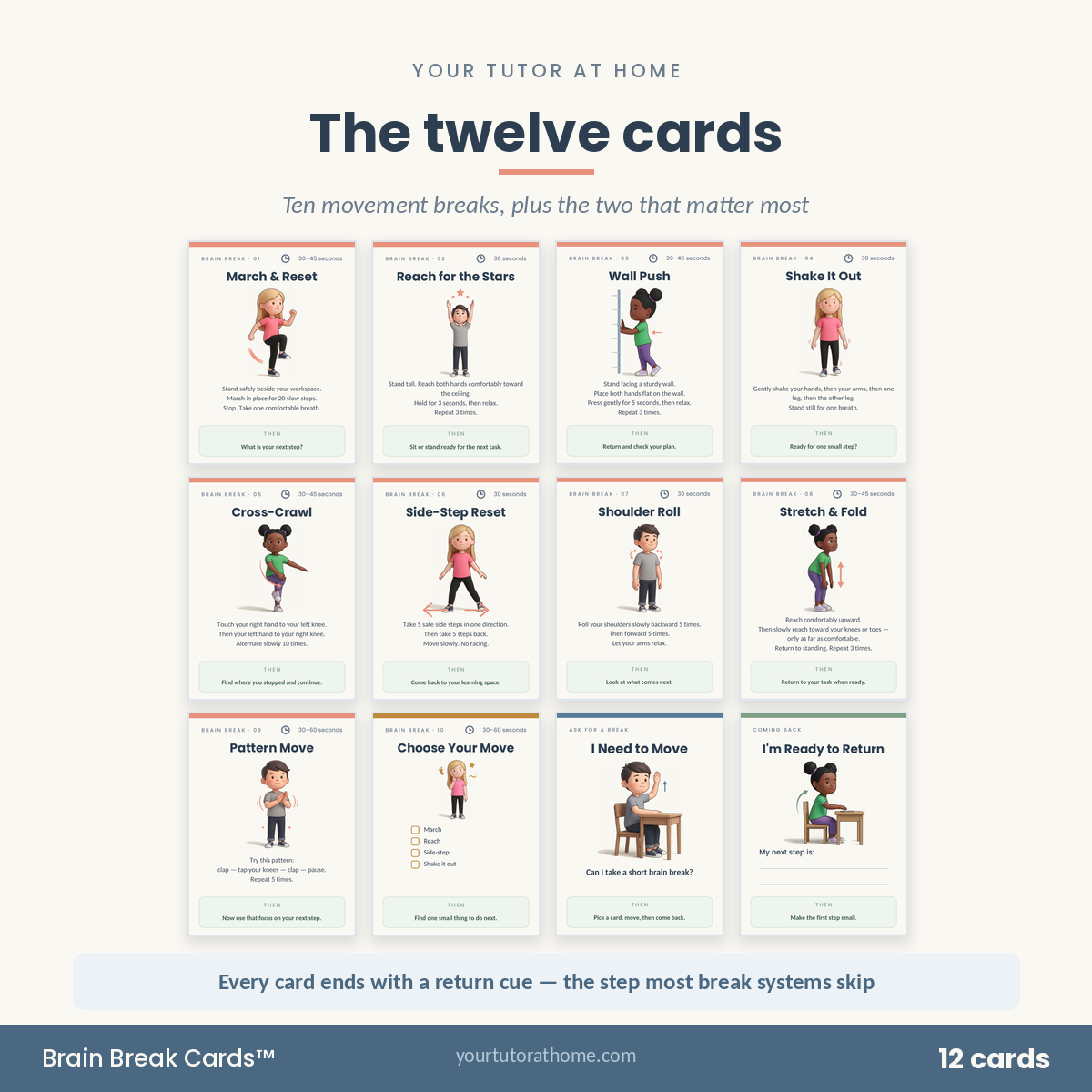All twelve brain break cards shown in full colour with return cues