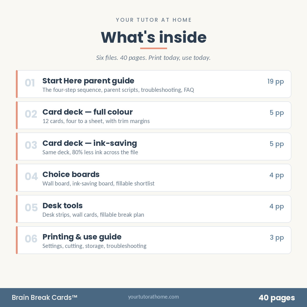 The six files inside the Brain Break Cards pack with page counts