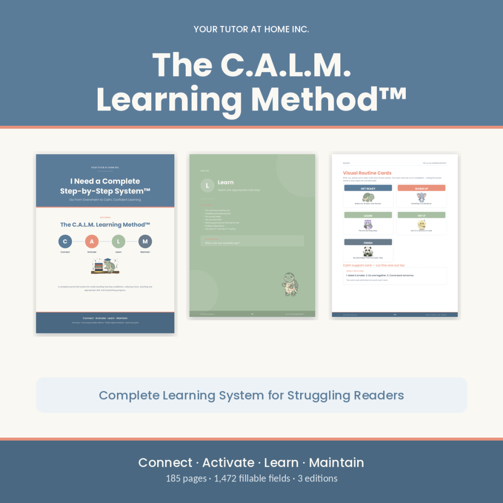 The C.A.L.M. Learning Method complete learning system for struggling readers, 185-page fillable and printable PDF C.A.L.M. Learning Method complete step-by-step parent program C.A.L.M. Learning Method program pages to help an overwhelmed child learn calmly
