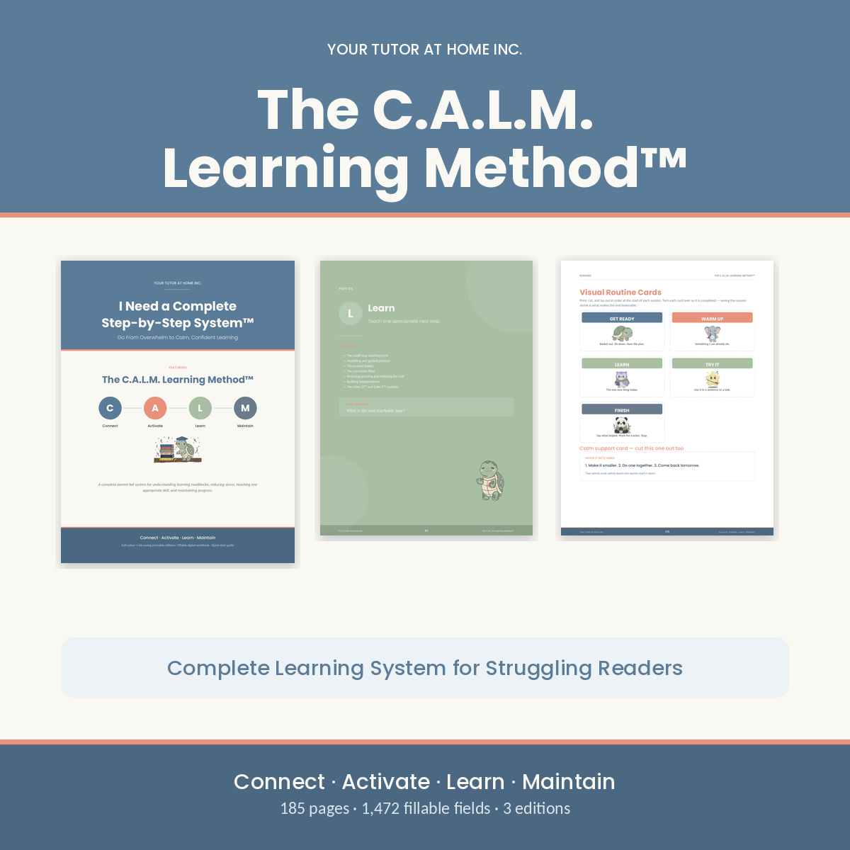 The C.A.L.M. Learning Method complete learning system for struggling readers, 185-page fillable and printable PDF C.A.L.M. Learning Method complete step-by-step parent program C.A.L.M. Learning Method program pages to help an overwhelmed child learn calmly