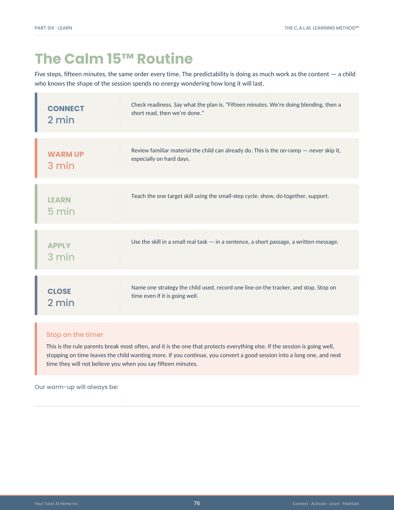 The Calm 15 routine page showing the five-step fifteen-minute learning routine for struggling readers