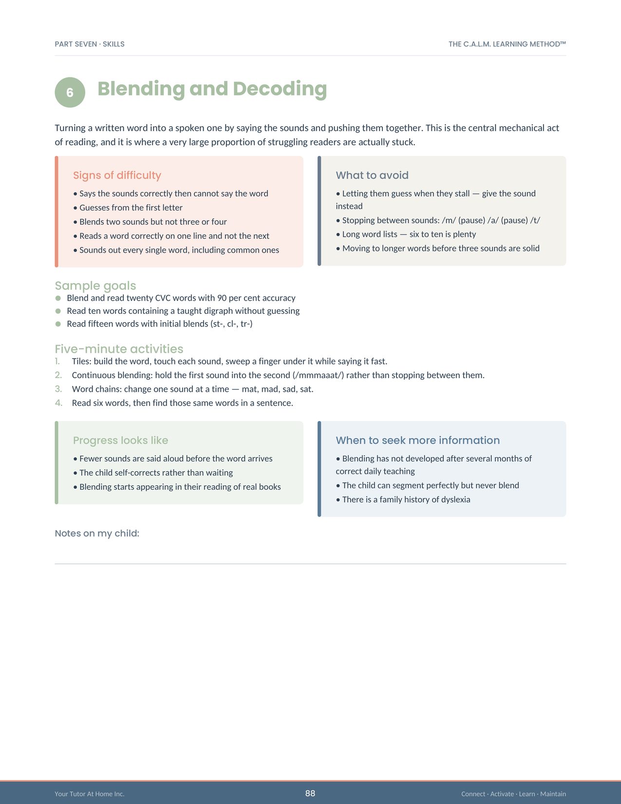 Blending and decoding reading skill module with signs of difficulty, sample goals and five-minute activities