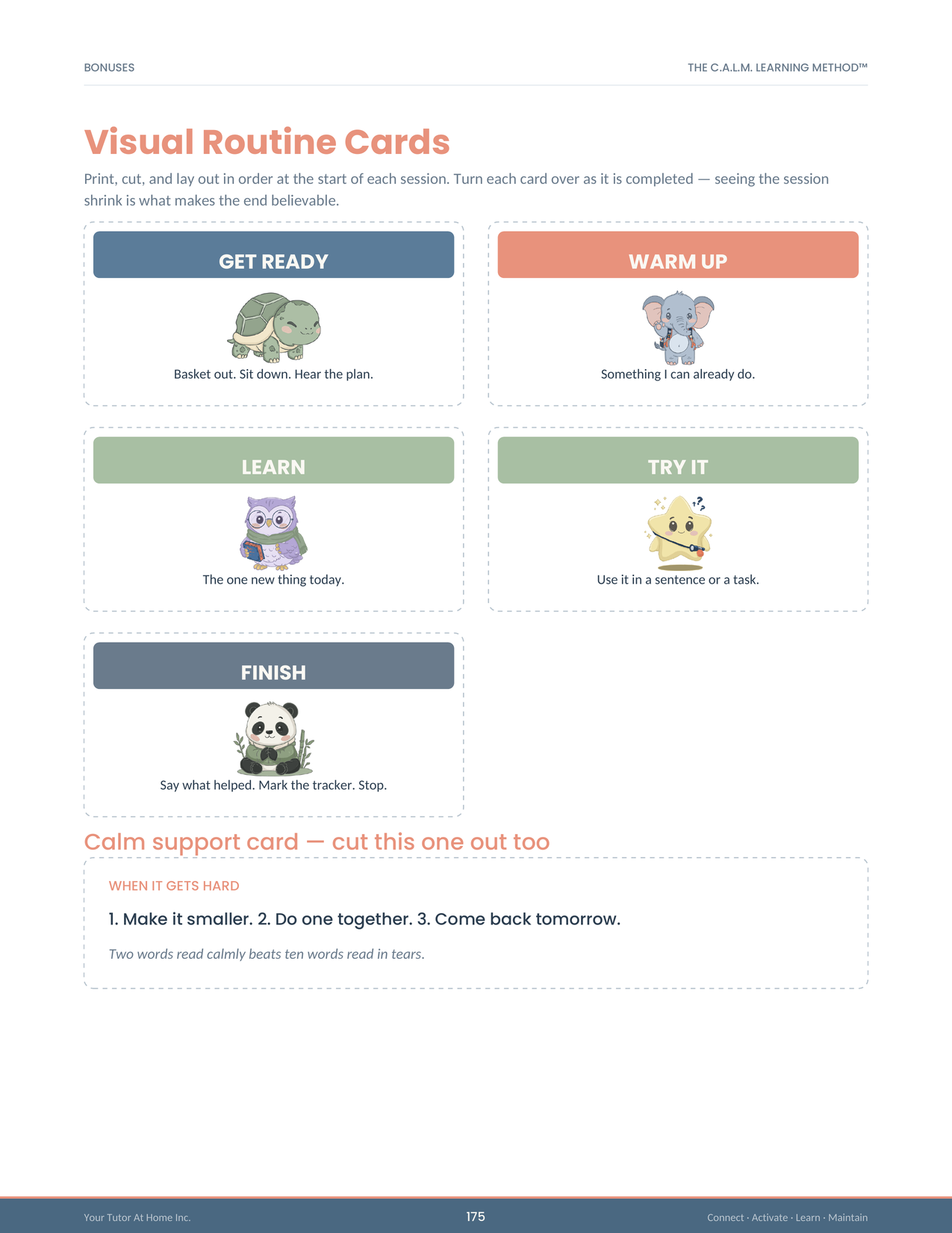 Printable visual routine cards showing Get Ready, Warm Up, Learn, Try It and Finish steps for children